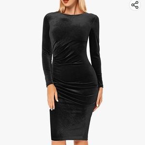 Velvet Long Sleeve Midi Dress Ruched Bodycon, US M